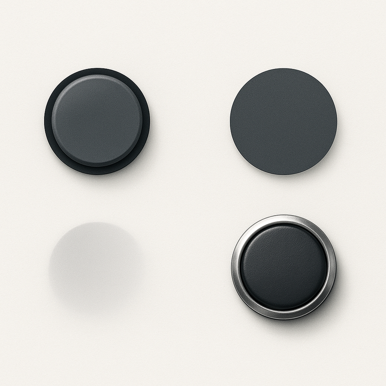 Four circular buttons arranged in a 2x2 grid, each representing a different user interface style: skeuomorphic with depth and shadow (top left), flat design with no shading (top right), invisible with only a faint shadow (bottom left), and realistic with a metallic rim and textured surface (bottom right).